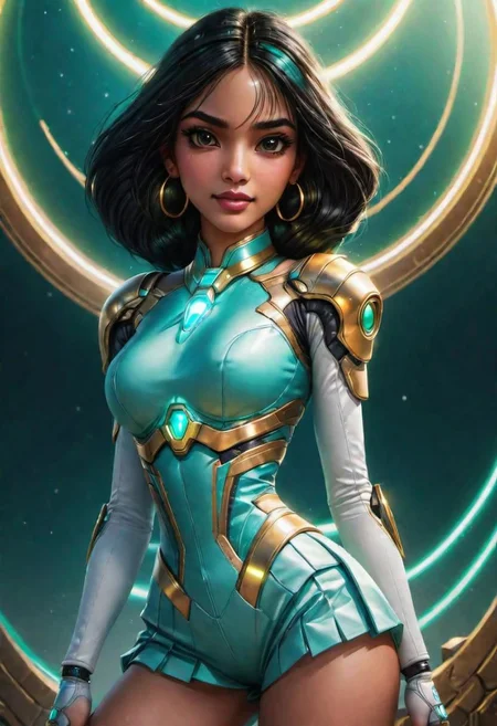 (masterpiece), 
1girl,
Jasmine, 
OverallDetail,
powered futuristic outfit,
powered futuristic necklace,
golden light energy,
cyberpunk background,