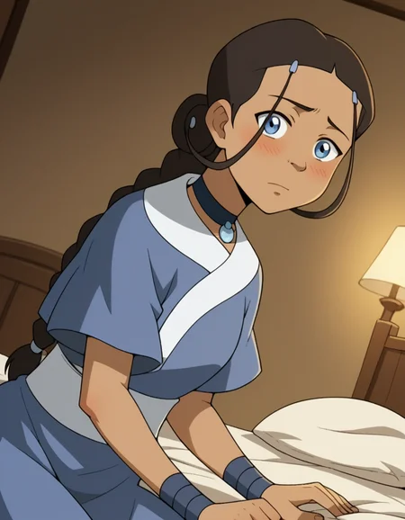 score_9, score_8_up, score_7_up, source_anime, <lora:katara-book2-ponyxl-lora-nochekaiser:1>, katara, long hair, blue eyes, brown hair, black hair, hair ornament, hairclip, braid, single braid, braided ponytail, dark skin, dark-skinned female, choker, short sleeves, robe, blue robe, sash,, indoors, bed, bed room, on side, blush, drunk, looking at viewer, solo, cowboy shot, dutch angle