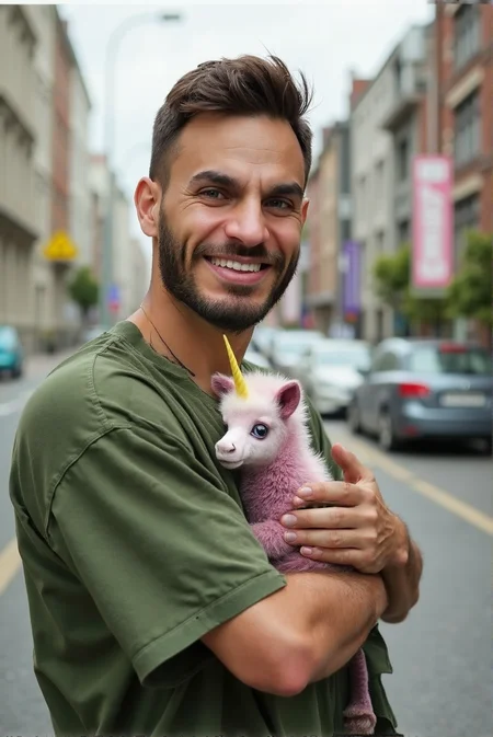 A stunning high-resolution photograph of a man holding a baby pink unicorn