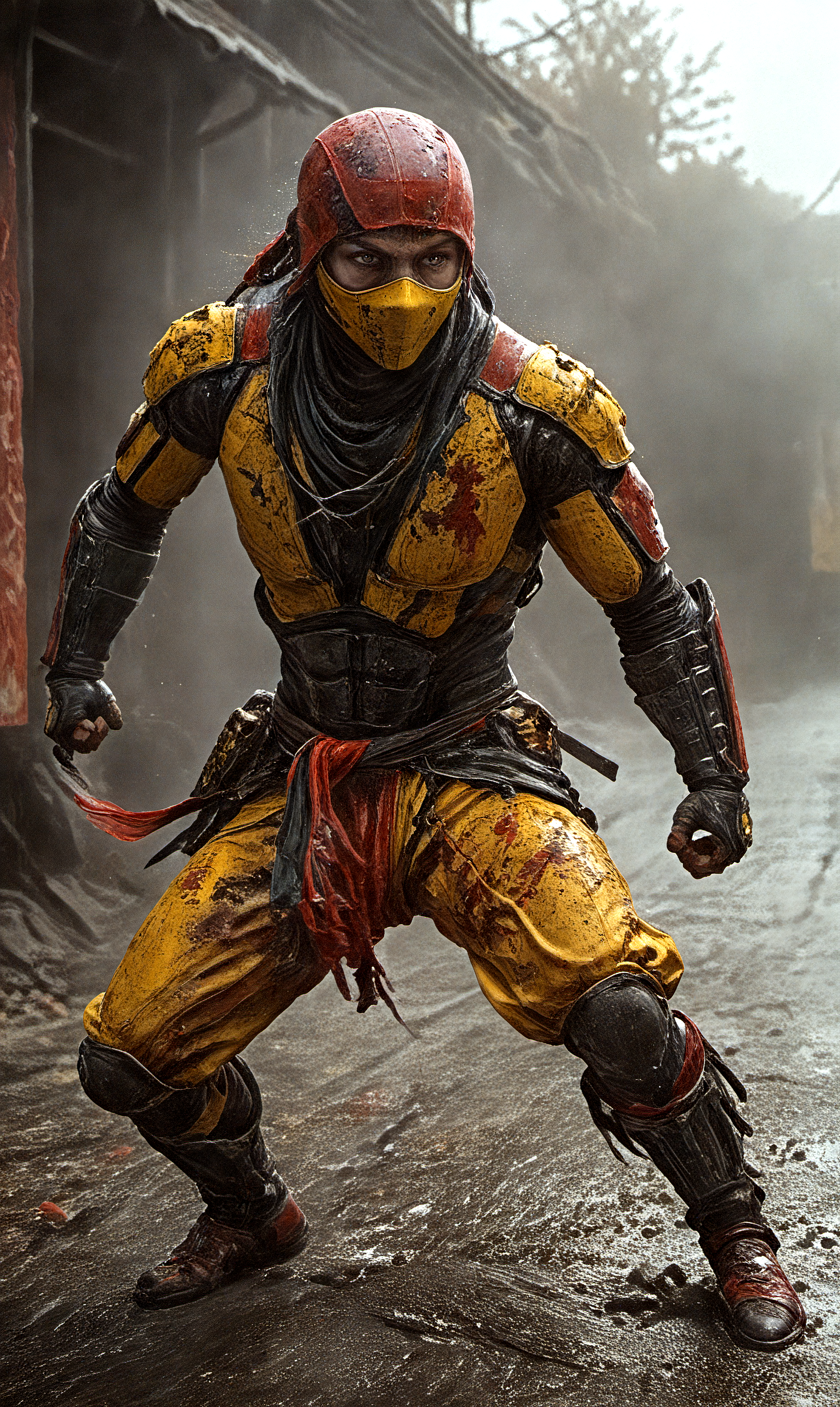 long exposure photo of a fully mechanized ninja,mortal kombat style, bloody-sword,action pose,jump kick, street-fighter style, intricately detailed, absurdres, exudes strength, fierce, combative, flowing garments, red-black-yellow garments, motion blur, masterpiece . Blurred motion, streaks of light, surreal, dreamy, ghosting effect, highly detailed