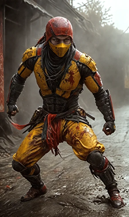long exposure photo of a fully mechanized ninja,mortal kombat style, bloody-sword,action pose,jump kick, street-fighter style, intricately detailed, absurdres, exudes strength, fierce, combative, flowing garments, red-black-yellow garments, motion blur, masterpiece . Blurred motion, streaks of light, surreal, dreamy, ghosting effect, highly detailed