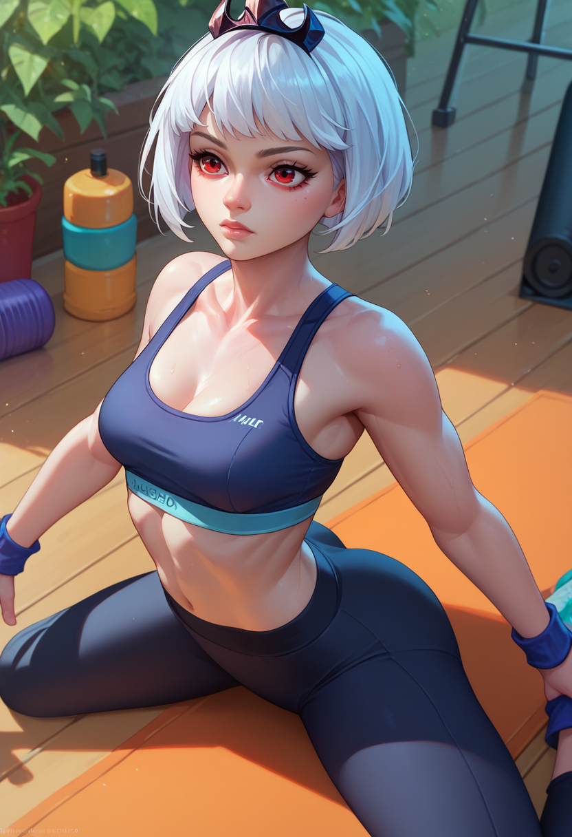 score_9, score_8_up, score_7_up, 1girl,  Orphea, tiara,  white hair, short hair, red eyes, sports bra, yoga pants, tight pants    <lora:Orphea DORER:1>