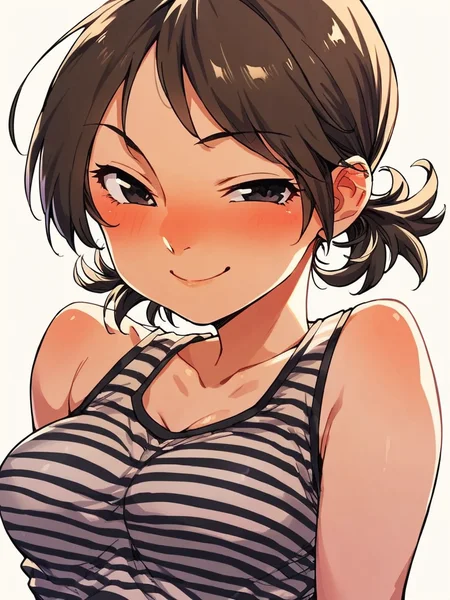 score_9, score_8_up, score_7_up,
1girl, amane midori, short twintails, medium breasts, brown hair, black eyes,
smile, smug, closed mouth, nose blush, narrowed eyes, striped tank top, upper body,