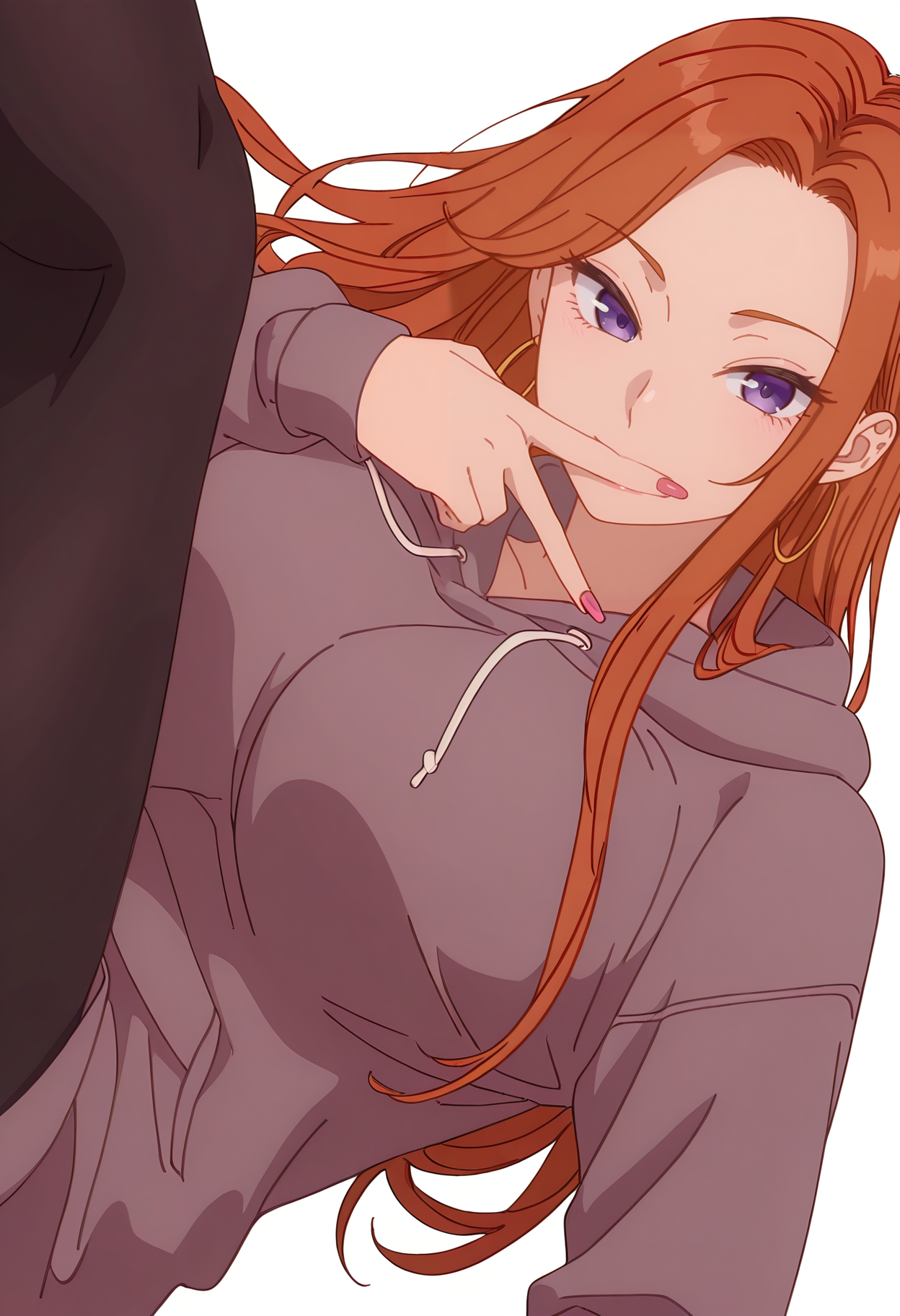 Smooth Quality,masterpiece,beautiful aesthetic, very intricate, high quality details, ultra realistic, high detailed skin,
simple background, white background,
sideways,v over mouth,0 0,
leggings, ,hoodie, ,Hand chains, <lora:Fuyuki_Maicnn:0.8> mai/cnn, 1girl, long hair, purple eyes, jewelry, hoop earrings, brown hair, orange hair, large breasts,