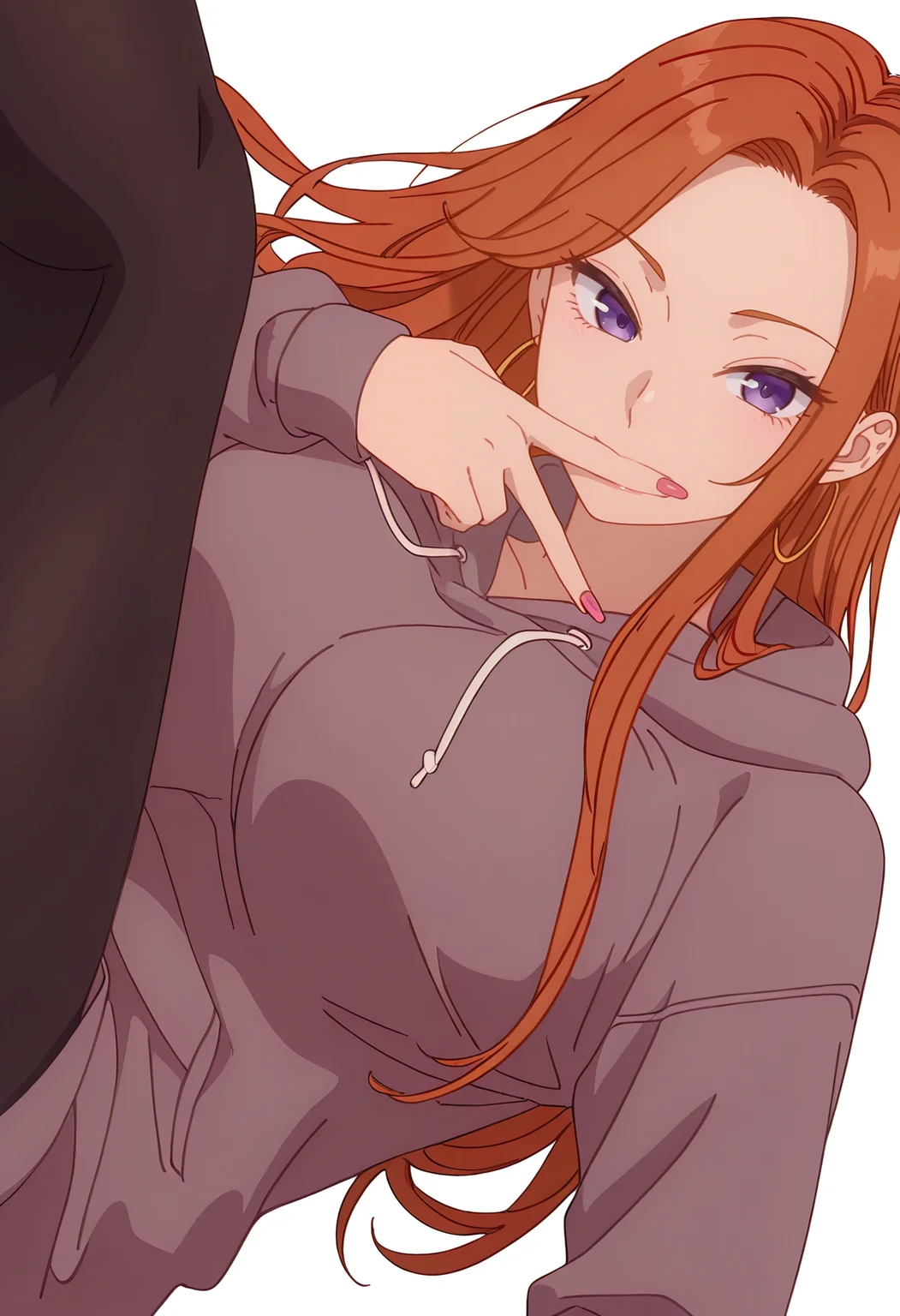 Smooth Quality,masterpiece,beautiful aesthetic, very intricate, high quality details, ultra realistic, high detailed skin,
simple background, white background,
sideways,v over mouth,0 0,
leggings, ,hoodie, ,Hand chains, <lora:Fuyuki_Maicnn:0.8> mai/cnn, 1girl, long hair, purple eyes, jewelry, hoop earrings, brown hair, orange hair, large breasts,
