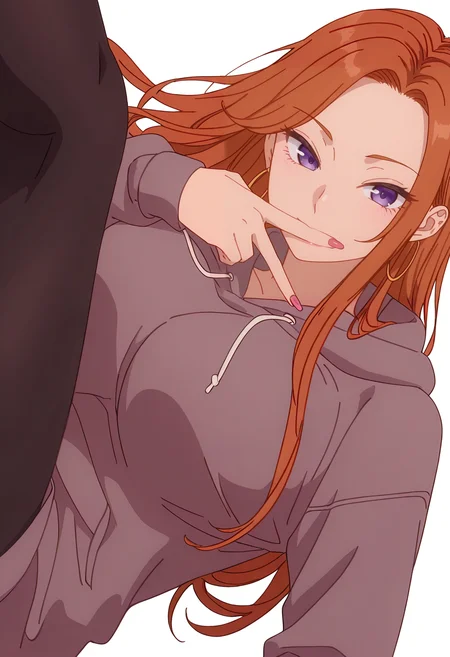 Smooth Quality,masterpiece,beautiful aesthetic, very intricate, high quality details, ultra realistic, high detailed skin,
simple background, white background,
sideways,v over mouth,0 0,
leggings, ,hoodie, ,Hand chains, <lora:Fuyuki_Maicnn:0.8> mai/cnn, 1girl, long hair, purple eyes, jewelry, hoop earrings, brown hair, orange hair, large breasts,