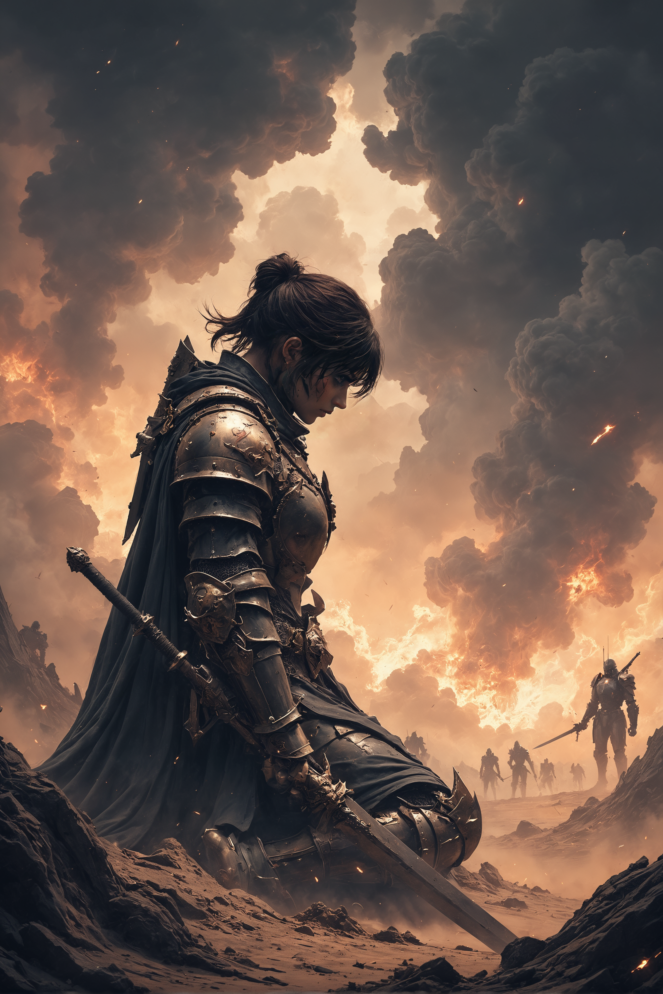 fantasy stylised illustration, anime style, cinematic composition, stunning, full body shot, masterpiece,best quality, close up dynamic model pose, (tall), perfect composition, 1girl, a battleworn mecha knight squire kneels in the dirt of the battlefield, smoke and fire billows, she is surrounded by fallen Robots, the shapeless form of the dead litter the field, (leaning on medieval longsword planted in ground steadying himself), dusk sunset, she wears medium medieval armor, medium chainmail, platemail, cuirass, leather and hide boots, gauntlets, pauldrons, tabbard, knight templar initiate, honourable, weary, eyes closed, looking down, stony expression, no helmet, 35 years old, medium facial hair, femenine, woman, (short trimmed brunette hair), brown eyes, not bulky, emotional, intense, dark, gritty, heavily stylised, incredible, awe-inspiring battle damaged, wounded, knight templar, adventurer, medium armor,<lora:FredFraiStyle-FLUX-Share>