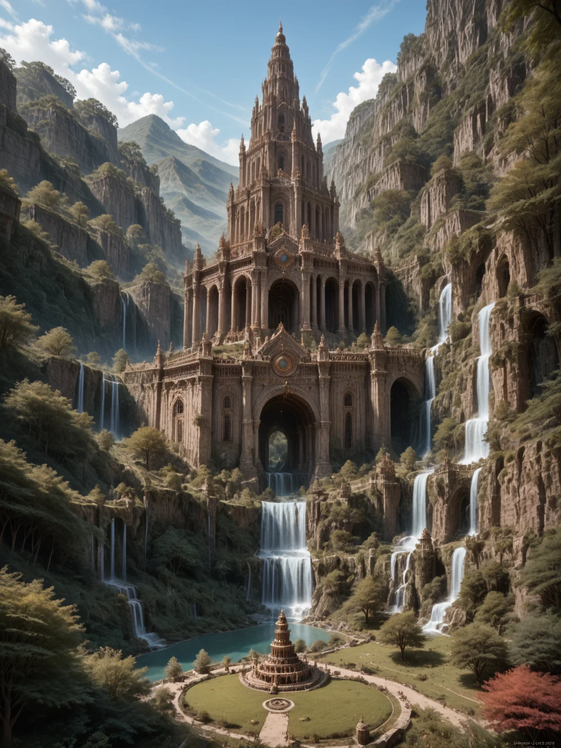 ethereal fantasy concept art of score_8-up, score_7_up, high point of view, landscape, impressive scenery, general view of ancient city, massive elven monument, majestic white building, elven architecture, curved lines, perfect contrasts, detailed dark shadows, lossless details highlights, innovative composition <lora:Majestic-Fantasy-Architecture-V2_ponyXL_LOREVER:0.7> mafarch, outdoors, lost in a forest, trees, detailed leafs, waterfalls, bright lights, magnificent, celestial, ethereal, painterly, epic, majestic, magical, fantasy art, cover art, dreamy