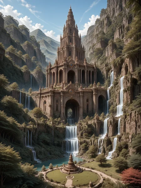 ethereal fantasy concept art of score_8-up, score_7_up, high point of view, landscape, impressive scenery, general view of ancient city, massive elven monument, majestic white building, elven architecture, curved lines, perfect contrasts, detailed dark shadows, lossless details highlights, innovative composition <lora:Majestic-Fantasy-Architecture-V2_ponyXL_LOREVER:0.7> mafarch, outdoors, lost in a forest, trees, detailed leafs, waterfalls, bright lights, magnificent, celestial, ethereal, painterly, epic, majestic, magical, fantasy art, cover art, dreamy
