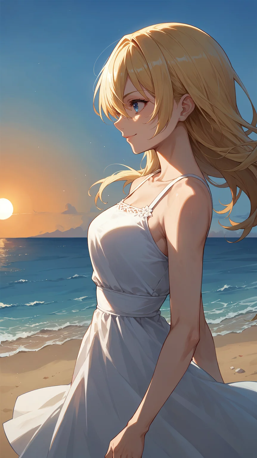 score_9,score_8_up,score_7_up,score_6_up, <lora:xl_more_art-full_v1:0.5>, source_anime, girl, dynamic pose, in profile, <lora:Namine - Pony-000004:0.8>, medium hair, long hair, blonde hair, hair between eyes, blue eyes, white dress, strapped dress, sleeveless, beach, sunset, light smile,