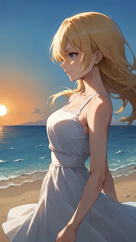 score_9,score_8_up,score_7_up,score_6_up, <lora:xl_more_art-full_v1:0.5>, source_anime, girl, dynamic pose, in profile, <lora:Namine - Pony-000004:0.8>, medium hair, long hair, blonde hair, hair between eyes, blue eyes, white dress, strapped dress, sleeveless, beach, sunset, light smile,