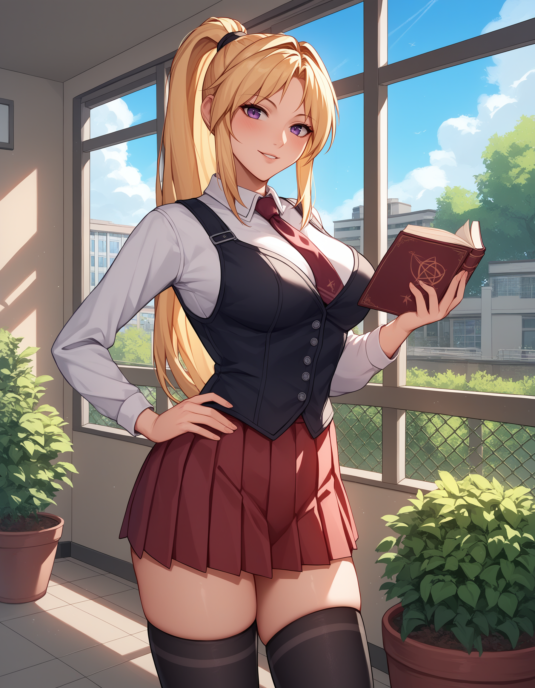 score_9, score_8_up, score_7_up, score_6_up, source_anime, 
saeki kaori, 1girl, cowboy shot, solo,
standing, hand on own hip, contrapposto, holding book, holding gift, black book, pentagram print on book, hand up,
looking at viewer, head tilt, blush, parted lips, smile,
blonde hair, long hair, high ponytail, purple eyes,
school uniform, collared shirt, white shirt, vest, suspenders, red skirt,  pleated skirt, miniskirt, black thighhighs, red necktie,
curvy, thighs, large breasts,
indoors, window, day, clouds, building, garden, fence, tree,
 <lora:Saeki Kaori 3216PDXL:1>