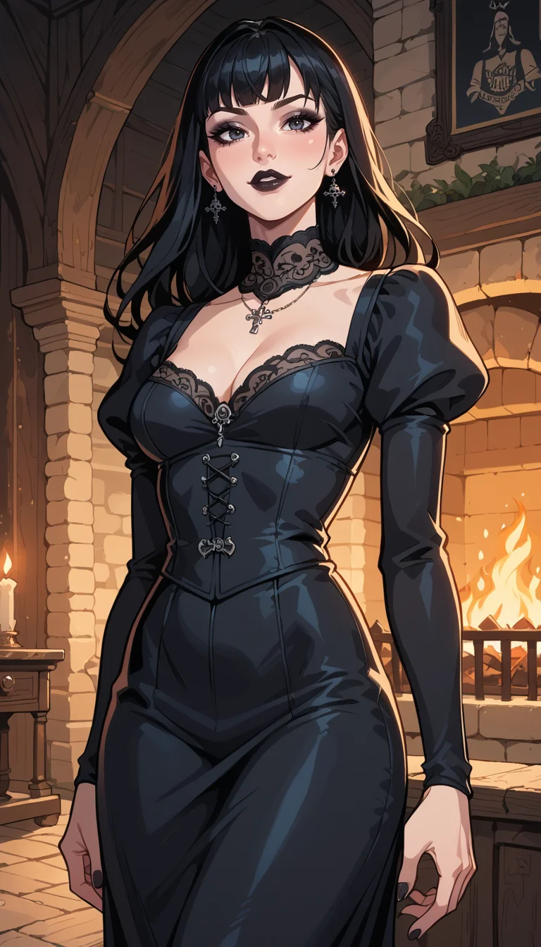 score_9, score_8_up, score_7_up, Western Comics, Cowboy Shot, girl, gothic, cute, seductive, innocent, light smile:0.3, plump lips, slender body, pale skin, long straight black hair, bangs, black goth dress, medieval theme, fire in the fireplace background, depth of field, dynamic angle, fashion photography, sharp, hyperdetailed:1.15
