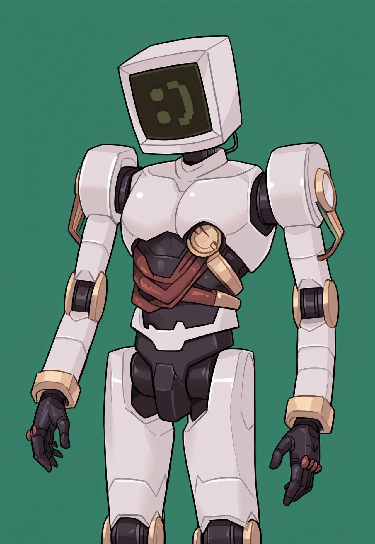  , safe_pos, solo, masterpiece, detailed, uwa, huge filesize, ultra hd, best quality, male focus, (absurdres, highres),
1boy, Calculester_Hewlett_Packard, robot, computer head, :) face, standing, green background