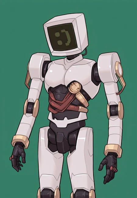 , safe_pos, solo, masterpiece, detailed, uwa, huge filesize, ultra hd, best quality, male focus, (absurdres, highres),
1boy, Calculester_Hewlett_Packard, robot, computer head, :) face, standing, green background