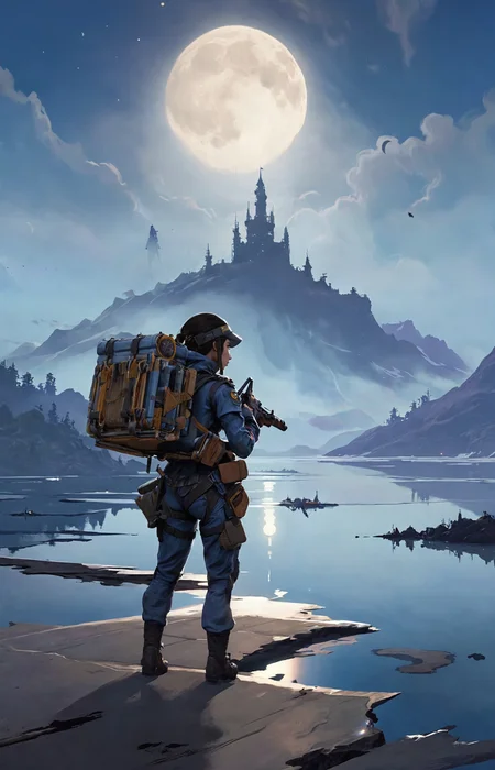 a lovely fascinated girl carries a sizable cargo while wielding a firearm, encapsulating the game's unique blend of isolation and combat., a vast, A moonlit lake, with fog rolling over the water and mysterious shapes beneath the surface sky ,moon just appeared ,Command base in background, a girl wearing with armor,weapon, headgear,motocycle bpk, backpacker, <lora:BPKXLV1-000003:0.8>