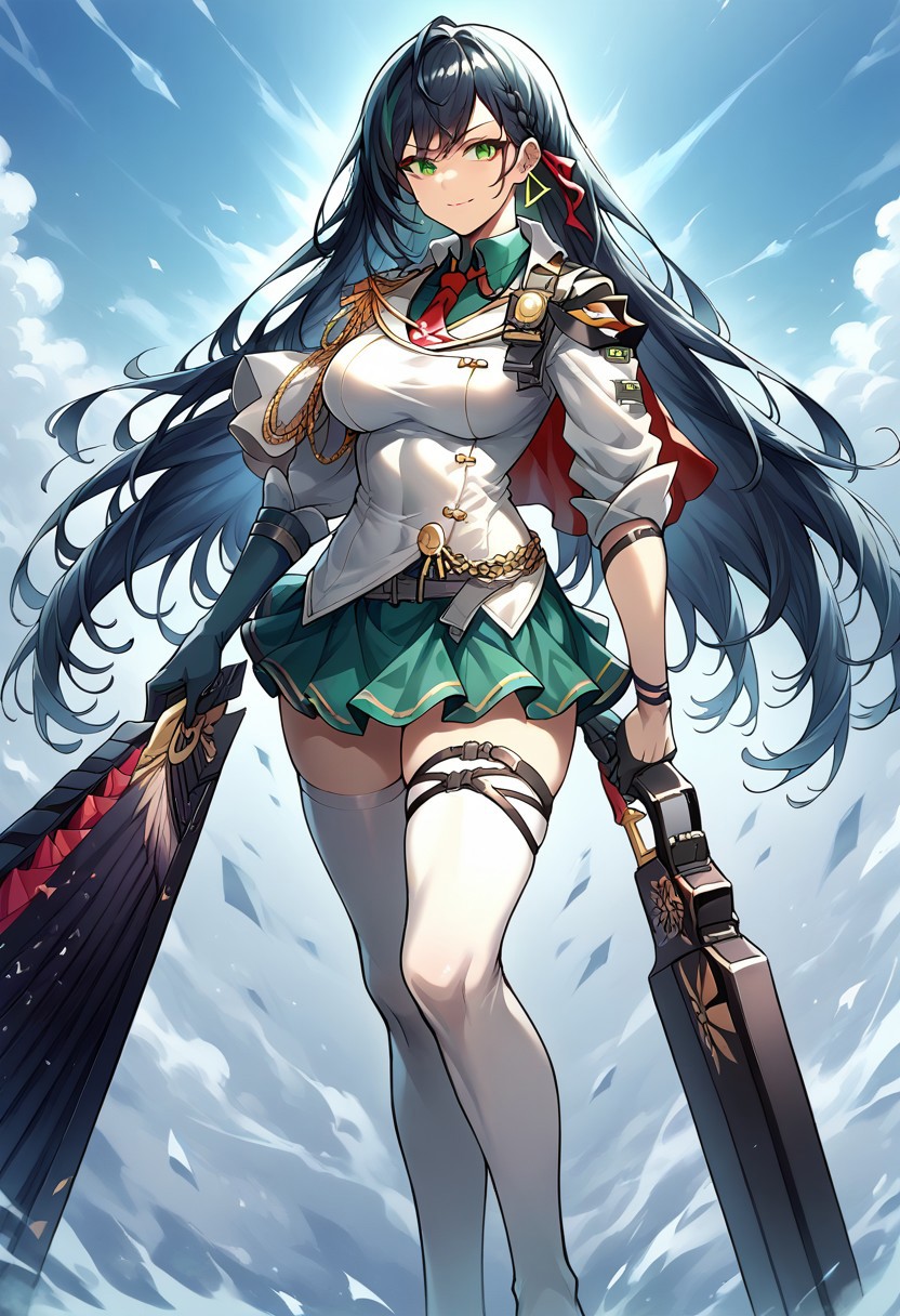 score_9, score_8_up, score_7_up, source_anime, good anatomy, 1girl, solo, LinToF, detailed face, beautiful face, dark green hair, long hair, green hair highlight, green eye, earing, red tie, red hair ribbon, green undershirt, white military unniform jacket, capelet, gold epaulette, asymmetrical green gloves, belt, straps, gold-trimmed green skirt, green skirt, miniskirt, white thighhighs, black high heels, standing, full body, smiling, giant combat fan, holding giant combat fan, folded out giant combat fan, fighting stance
