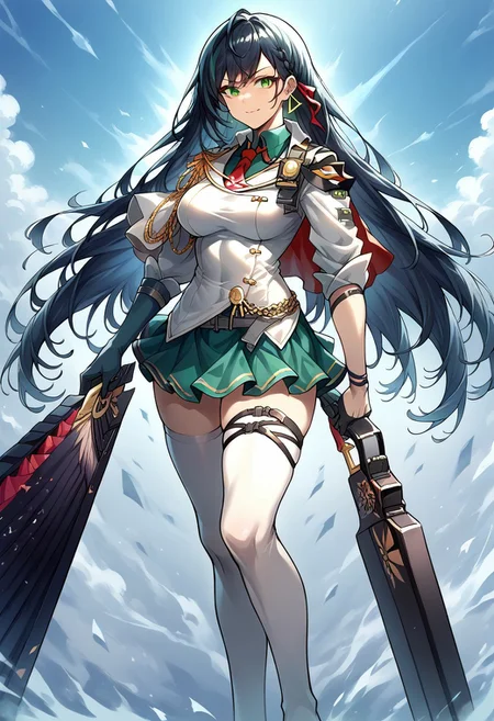 score_9, score_8_up, score_7_up, source_anime, good anatomy, 1girl, solo, LinToF, detailed face, beautiful face, dark green hair, long hair, green hair highlight, green eye, earing, red tie, red hair ribbon, green undershirt, white military unniform jacket, capelet, gold epaulette, asymmetrical green gloves, belt, straps, gold-trimmed green skirt, green skirt, miniskirt, white thighhighs, black high heels, standing, full body, smiling, giant combat fan, holding giant combat fan, folded out giant combat fan, fighting stance