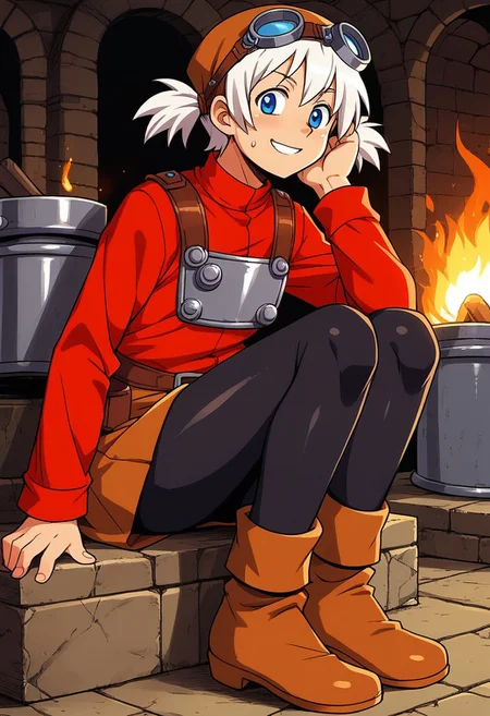 score_9, score_7_up, source_anime, BREAK solo, <lora:Pratty_XL:1> Pratty, blue eyes, short hair, white hair, short twintails, hair through headwear, goggles, brown headwear, red shirt, short over long sleeves, black long sleeves, red skirt, black pantyhose, leather breastplate, brown footwear, smile, sweat, smith, furnace, smithing, crafting, sitting, fire,