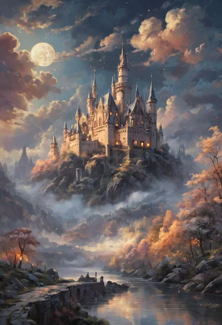 Under the pale glow of the full moon, a magical castle floats serenely among the clouds. This fantastical scene is imbued with a dreamlike quality, the castle's intricate spires and turrets illuminated by the ethereal moonlight. Dark, swirling clouds form a dramatic backdrop, adding a touch of mystery to the scene. The castle itself appears ancient and majestic, with detailed stonework and towering battlements. Soft, glowing orbs of light float around the castle, enhancing the magical atmosphere. The overall mood is one of enchantment and wonder, as if the castle is a hidden sanctuary in the sky. romantic impressionism, dream scenery art, beautiful oil matte painting, romantic, style of Thomas Kinkade, beautiful digital painting, anime landscape, romantic painting, Thomas Kinkade style painting, dreamlike digital painting, colorful painting, beautiful gorgeous digital art, style thomas kinkade, janek sedlar, jenny saville