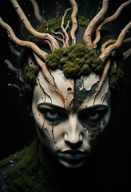 rootform, extreme head Closeup, a pristine white birch tree knightess with billowing Hair Made of branches with Green leafs and an lower Body Made of roots coming from the ground, Mossy birch Forest, intricate black and White birch bark, atmospheric backlight, Piercing Look at viewer, vibrant light-blue eyes