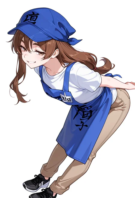 masterpiece,high quality details, absurdres,
<lora:Natsuno_Yamada:0.8>
natsuno_cnr, 1girl, brown hair, long hair, hair between eyes, brown eyes, thick eyebrows,low-tied long hair,
employee uniform, white shirt, short sleeves,blue apron,brown pants, blue headwear,black sneakers, clothes writing,, simple background, white background, dutch angle,solo,, crazy smile,seductive smile,, bent forward at waist,body curled sideways,dynamic energy,