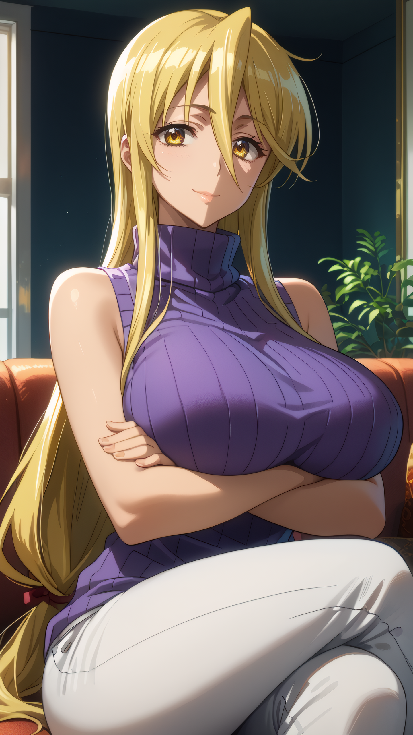 score_9, score_8_up, score_7_up, 1girl, solo, looking at viewer, anime coloring, upper body, close-up, portrait, 
<lora:Shizuka_Marikawa_Dwnsty:0.8>, shizuka_marikawa, blonde hair, yellow eyes, long hair, low-tied long hair, hair between eyes, sidelocks,  sleeveless turtleneck, purple sweater, ribbed sweater, vertical stripes, white pants, jeans,
lips, huge breasts, light smile, mature female, sitting, crossed legs, crossed arms, 
indoors, living room, couch, 
 <lora:Hotd_Artstyle_Dwnsty:0.7>