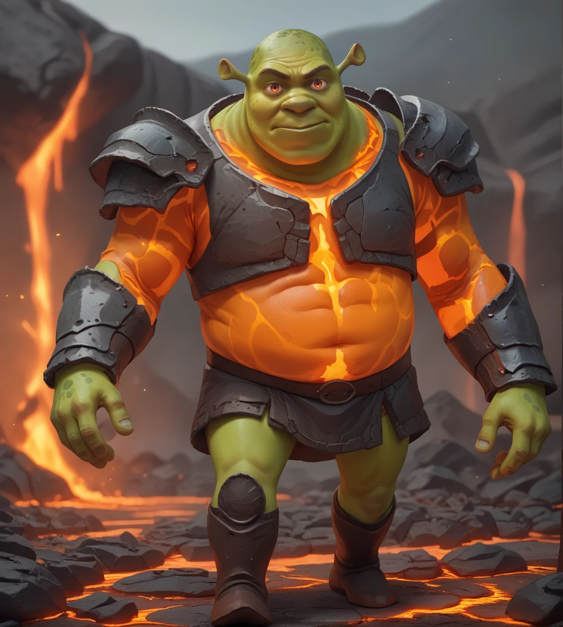 score_9,score_8_up,score_7_up,score_6_up,source anime BREAK, 1boy, shrek, wooden clothes, (green skin:0.8), looking at viewer,
magma, lava, glowing, molten rock, armor, magma armor
<lora:magma_12_lbw_2:1.6> <lora:Shrek_XLPD:0.7>