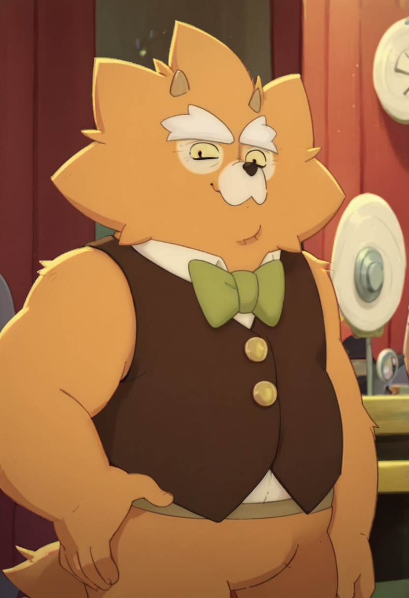 <lora:KanigrooPony1.0:1> kanigroo, orange fur, solo, 1boy, male focus, furry male, old, thick eyebrows, smile, bowtie, vest,fat, score_9, score_8_up, score_7_up, score_6_up, score_5_up, score_4_up, looking at viewer, hand on own hip, cowboy shot,