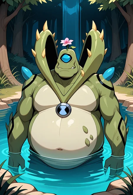 , masterpiece, best quality, amazing quality, very aesthetic, absurdres, newest,
wildvine, solo, , alien, monster, one eye, blue eye, green skin, , spikes, no hair, 1boy, Digimon, 
expressive, very expressive, 
green skin, in pond, oasis, dessert oasis, fat, flower on head, very fat, fat arms, spikey body, spikes on body