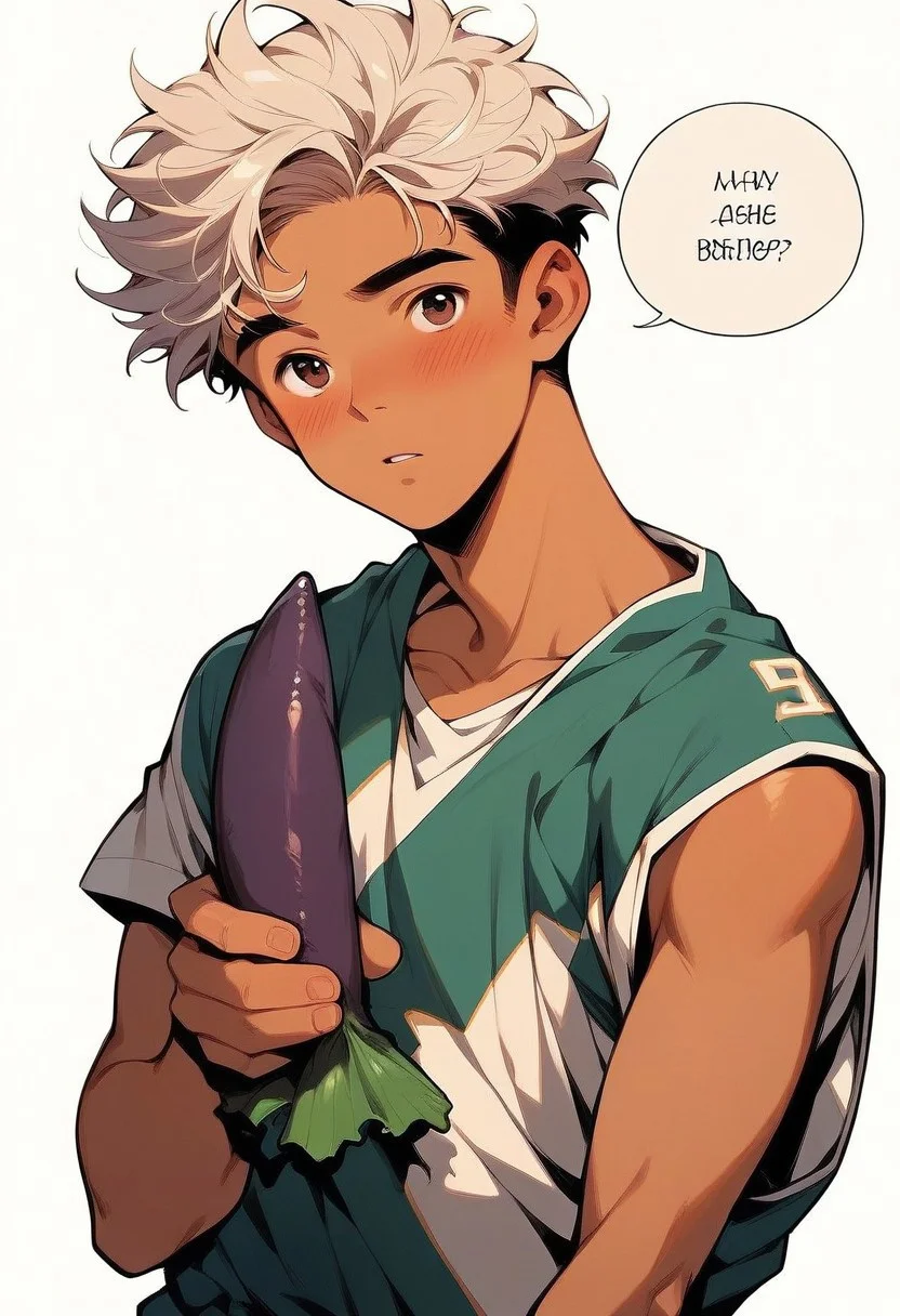 aaSKTm1n1,score_9,score_8_up,score_7_up,1boy,solo,look at viewer,short white hair, blushing,brown eyes, big nose, parted lips, white background, best aesthetics,B0Y1H3, black basketball uniform, (flat color:1.8), (perfect hand), (speech bubble:1.2), head tilt, (holding up a eggplant:1.5), shy,