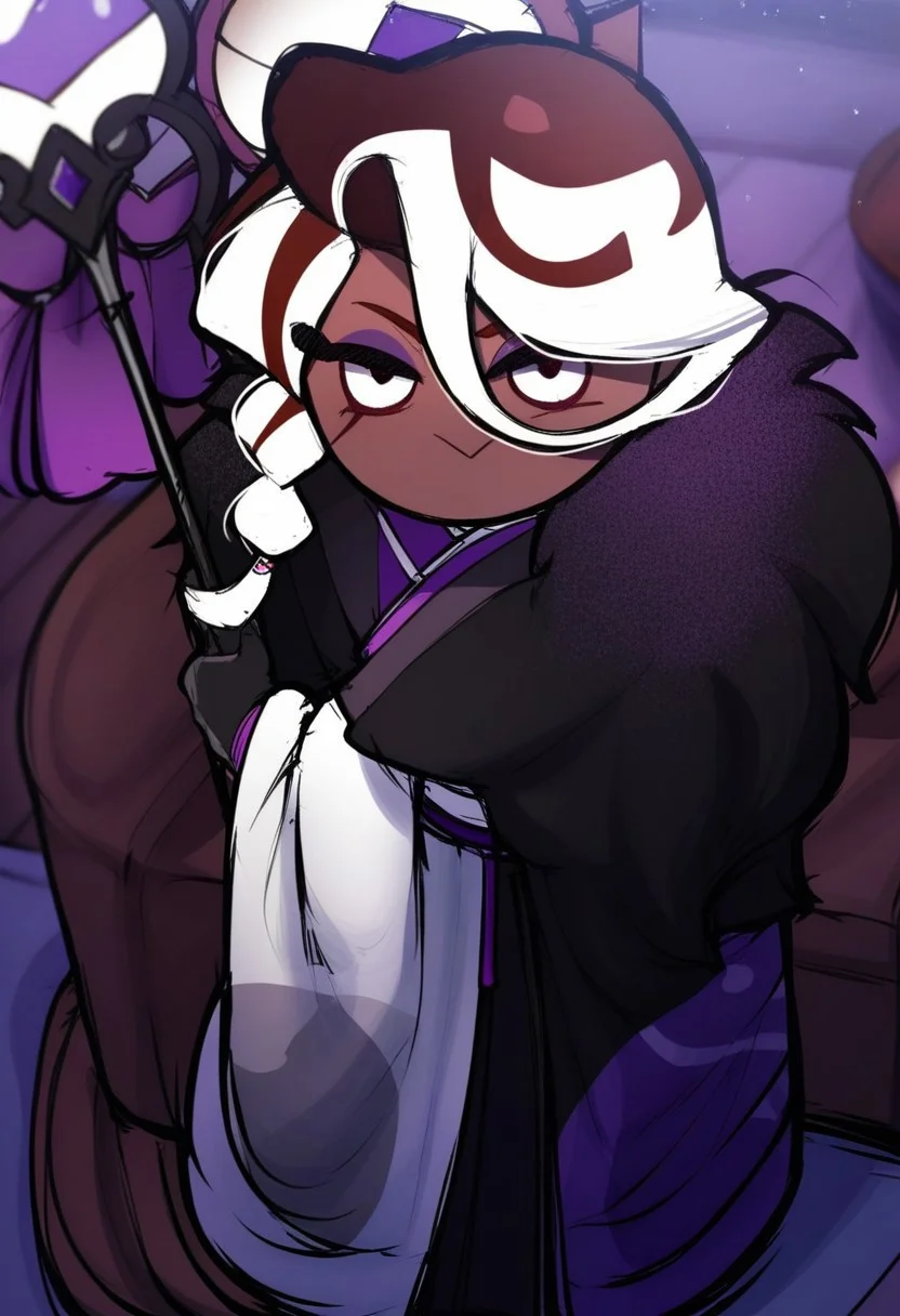 score_9, score_8_up, score_7_up, score_6_up, score_5_up, score_4_up, source_anime, gorgeous, high detail, masterpiece, absurdres, 8k resolution, detailed face, detailed body, Blackwhiplash style, solo, 1boy, Name: affogato cookie ,Dark skin, Round head, multicolored hair, black gloves, kimono, eyeshadow, Long eyelashes, long hair, white hair, brown hair, streaked hair, hair between eyes, japanese clothes, cape, standing, sexy pose