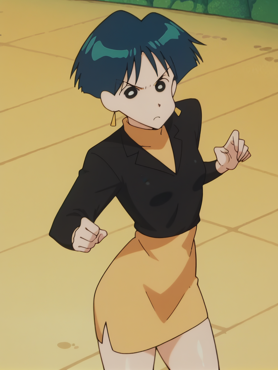 score_9, score_8_up, score_7_up, score_6_up, score_5_up, score_4_up,source_anime,anime screencap,uncensored,1girl,small breasts,glistening body,shiny_skin,dewy skin,BREAK
 <lora:ruru_v1:1> burirururu, short hair, blue hair, earrings, bangs, black eyes,turtleneck,fighting_stance,looking at viewer, frown,thighs,