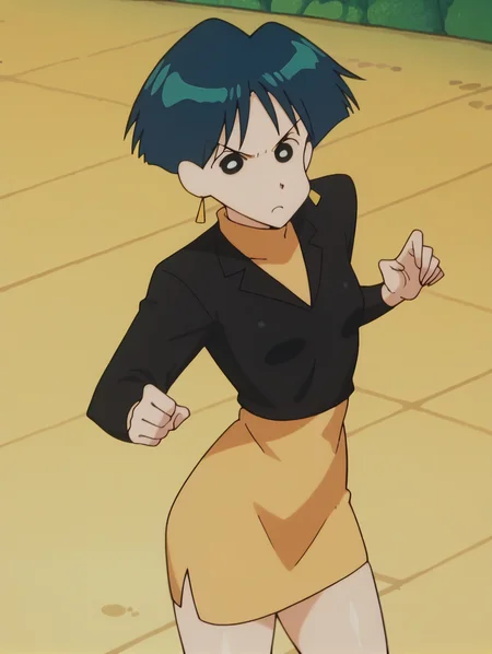 score_9, score_8_up, score_7_up, score_6_up, score_5_up, score_4_up,source_anime,anime screencap,uncensored,1girl,small breasts,glistening body,shiny_skin,dewy skin,BREAK
<lora:ruru_v1:1> burirururu, short hair, blue hair, earrings, bangs, black eyes,turtleneck,fighting_stance,looking at viewer, frown,thighs,