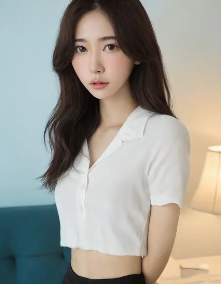[68][24_94]Against a soft, true gradient blue background, a stunning real small breasts Japanese woman with long, flowing dark hair, her piercing gaze directly addressing the viewer. skirt, shirt, looking at viewer, indoors, brown eyes, realistic, white shirt, pencil skirt, midriff, couch, lips, parted lips, lamp, television, crop top, arm behind back, leaning forward, short sleeves, black skirt, miniskirt, standing, artist name <lora:JenniferFluxV102:1.0>, Jennifer, Realistic photograph, Movie light, film grain,, 1girl, perfectly flat chest, tiny perky tits