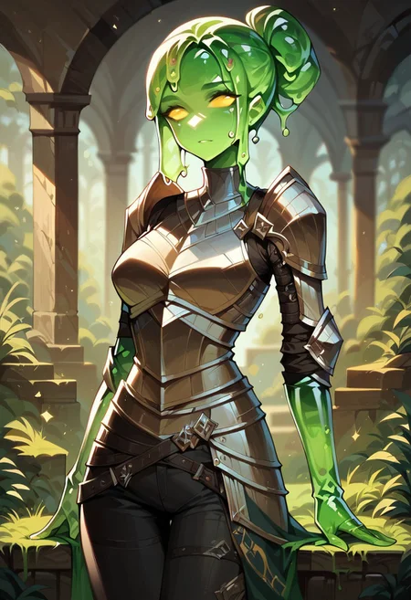 (((detailed, beautiful, high quality))), score_9, score_8_up, score_7_up, full body,
slime, slime body, transparent body,
1girl, green skin, hairstyle square, yellow eyes, armor, Black clothes, black pants,
looking at the viewer, posing, blurred background,