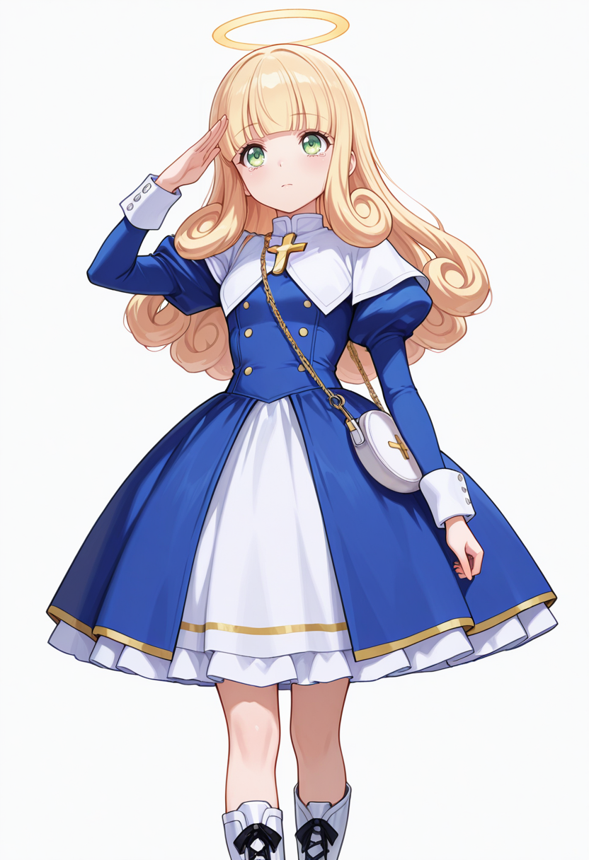 Smooth Quality,masterpiece,very intricate, high quality details, ultra realistic, high detailed skin,detailed enviorement,absurdres,
salute,
 <lora:Poporon_CNR:0.8> poporon_cnr, 1girl, blonde hair, long hair,blunt bangs, green eyes, poporon_cnr_def, blue dress, long sleeves, puffy sleeves,cross,handbag, knee boots, halo,curly hair,, tears,, simple background, white background, dynamic angle,solo,