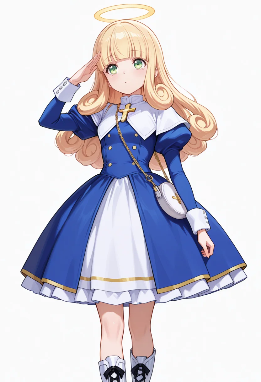 Smooth Quality,masterpiece,very intricate, high quality details, ultra realistic, high detailed skin,detailed enviorement,absurdres,
salute,
<lora:Poporon_CNR:0.8> poporon_cnr, 1girl, blonde hair, long hair,blunt bangs, green eyes, poporon_cnr_def, blue dress, long sleeves, puffy sleeves,cross,handbag, knee boots, halo,curly hair,, tears,, simple background, white background, dynamic angle,solo,