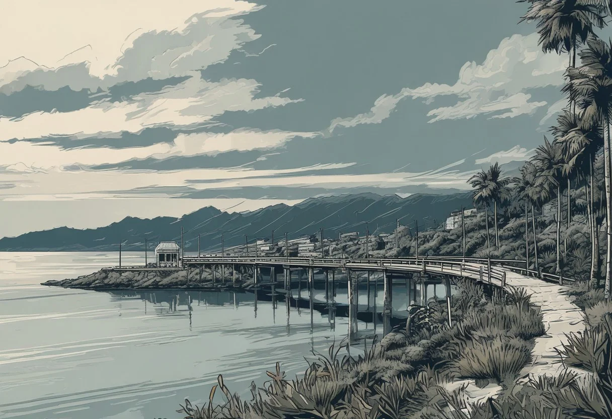 tropical beach, black hair, blue sky, boat, bridge, building, city, cityscape, cloud, cloudy sky, condensation trail, day, field, grass, hill, horizon, house, mountain, mountainous horizon, ocean, outdoors, power lines, road, ruins, scenery, sky, solo, sunrise, sunset, tree, twilight, water, Commodore, pixel, <lora:Commodor_64_Pixel:1>