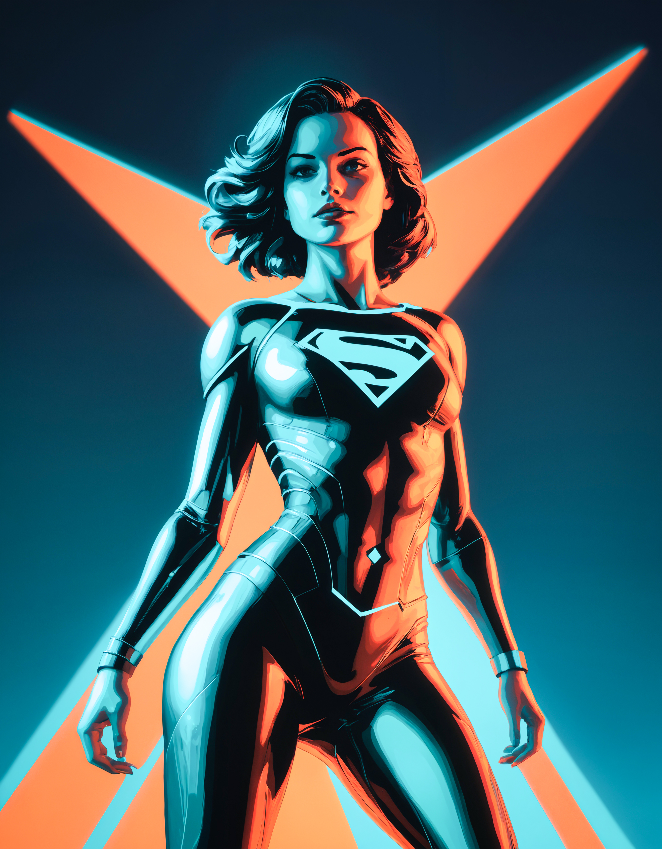 action comics anti-heroine. Neon Graffiti, Pixel Art, Luminescence, RGB Lighting, Low Angle, Orange Color, Teal Color, Prism Effect, Ceramic, Supernatural, By Garald Brom