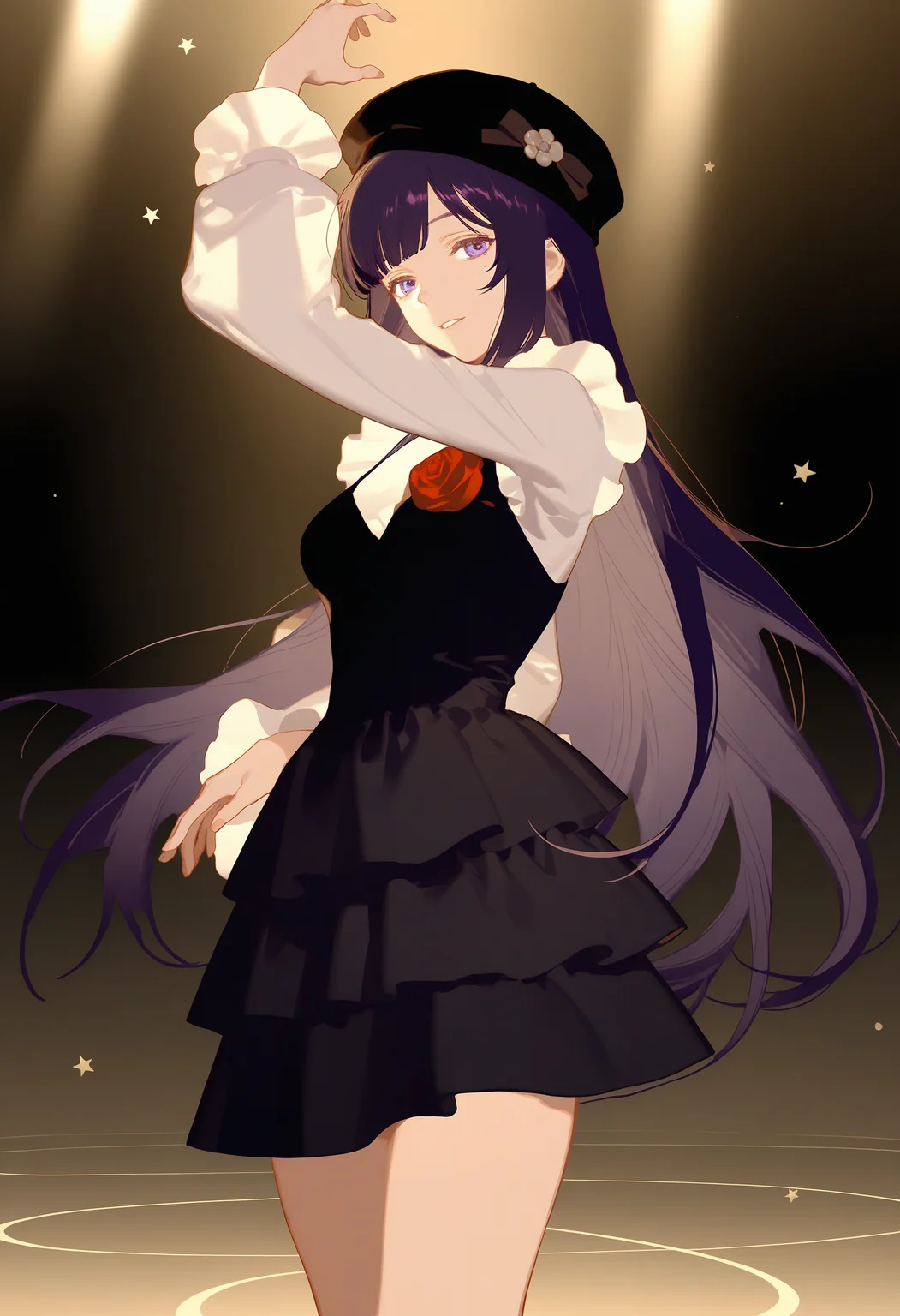 1girl,dark purple hair,sideloks,beila\(asoul\),beilabirthday,long sleeves,hat,red flower,frilled dress,rose,voluptuous,plump,star \(symnol\),
artist:rei \(sanbonzakura\),artist:ask \(askzy\),artist:ningen mame,artist:doremi (doremi4704),
dancing,stage,spotlight,glowing lights,soft movements,(graceful:1.3),(gentle flow),(serene expression),(relaxed pose),(focused lighting:1.5),(shimmering background),(vivid colors),(peaceful atmosphere),(calm elegance),(soft focus on dancer),(dynamic composition),glowing stage,(delicate gesture),(soothing mood),(dreamy vibe),(fluid motion),(expressive eyes),(elegant dance),(artistic energy),best quality,detailed background,tranquil,mesmerizing,heartwarming,magical ambiance,captivating performance,serene stage,reaching,hands reaching out,good hands,five fingers,
<lora:Bellatest4-000018:0.7>,