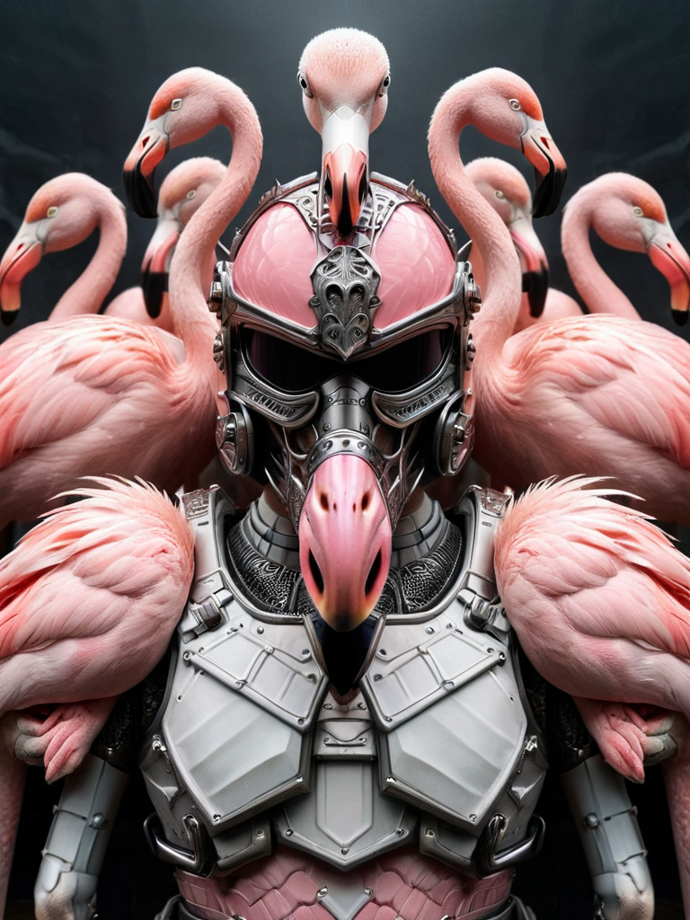 a group of flamingos in battle armor preparing for battle, looking at viewer <lora:ral-symetrical:1> ral-symetrical