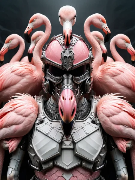 a group of flamingos in battle armor preparing for battle, looking at viewer <lora:ral-symetrical:1> ral-symetrical