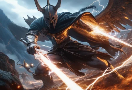 score_9, score_8_up, score_7_up, The Guardian of the Reach is the mountain kingdom's champion, a winged deathknight, he wields a lightning blade, and he has never been bested in combat, | The Queen of the Wider Realms, has called forth a champion from each of the seven kingdoms, to fight in a Grand tournament, the champions sent by the other six kingdoms appear to be mortified when The Guardian of the Reach arrives, his weather-worn cloak obscures his face like a ringwraith, while his polished steel armor gleams without a scratch on it, | cinematic concept art, keyframe, in Fantasy Art style, with intricate details, vibrant colors, and volumetric lighting, inspired by ArtStation fantasy illustrations, high resolution, focused subject, (detailed background), epic, exquisite composition, visual storytelling techniques, wide fov,
