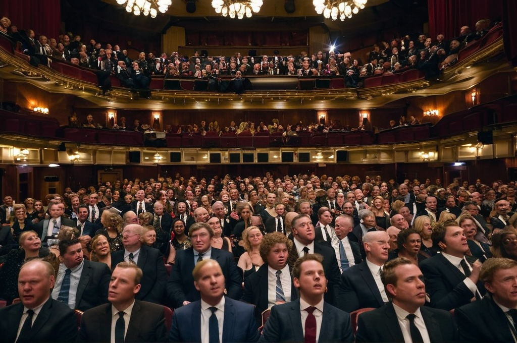 photo of a large group of people in suits and ties sitting in a large concert hall, (many faces),  <lora:people_010_cosine_iter4_ 0000025all_jugger_adafactor_128_64_new:0.7>