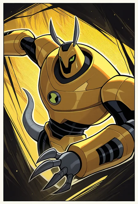 <lora:armadrillo-09:1> armadrillo, robot, claws, yellow armor, grey tail, antennae, green eyes, yellow background,, masterpiece, best quality, amazing quality, very aesthetic, absurdres, newest,, upper body, halftone effect, white borders, abstract background:1.2,