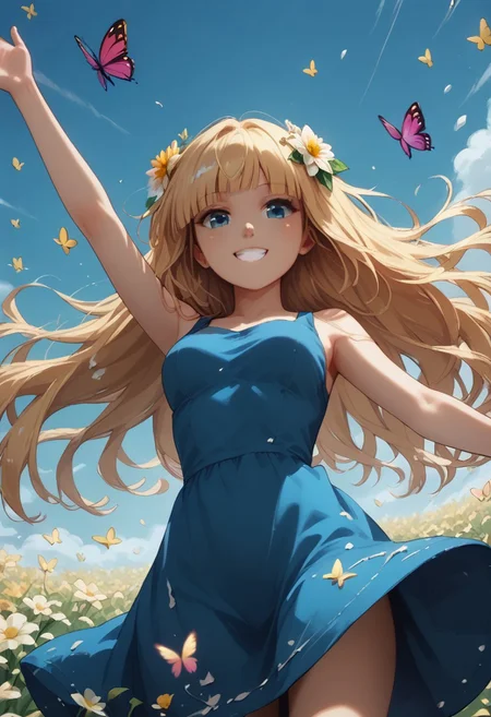 score_9, score_8_up, score_7_up, score_6_up, score_5_up, 1girl, solo, Sana Kashimura, Dutch angle, close to viewer, big smile, arms outstretched and behind, running through a field of lavender, petals everywhere, butterflies everywhere, cinematic, blue sky, summer dress, flowers in hair, masterpiece, in motion, motion blur, film grain, (looking off frame:1.6), view from below and side, dramatic lighting