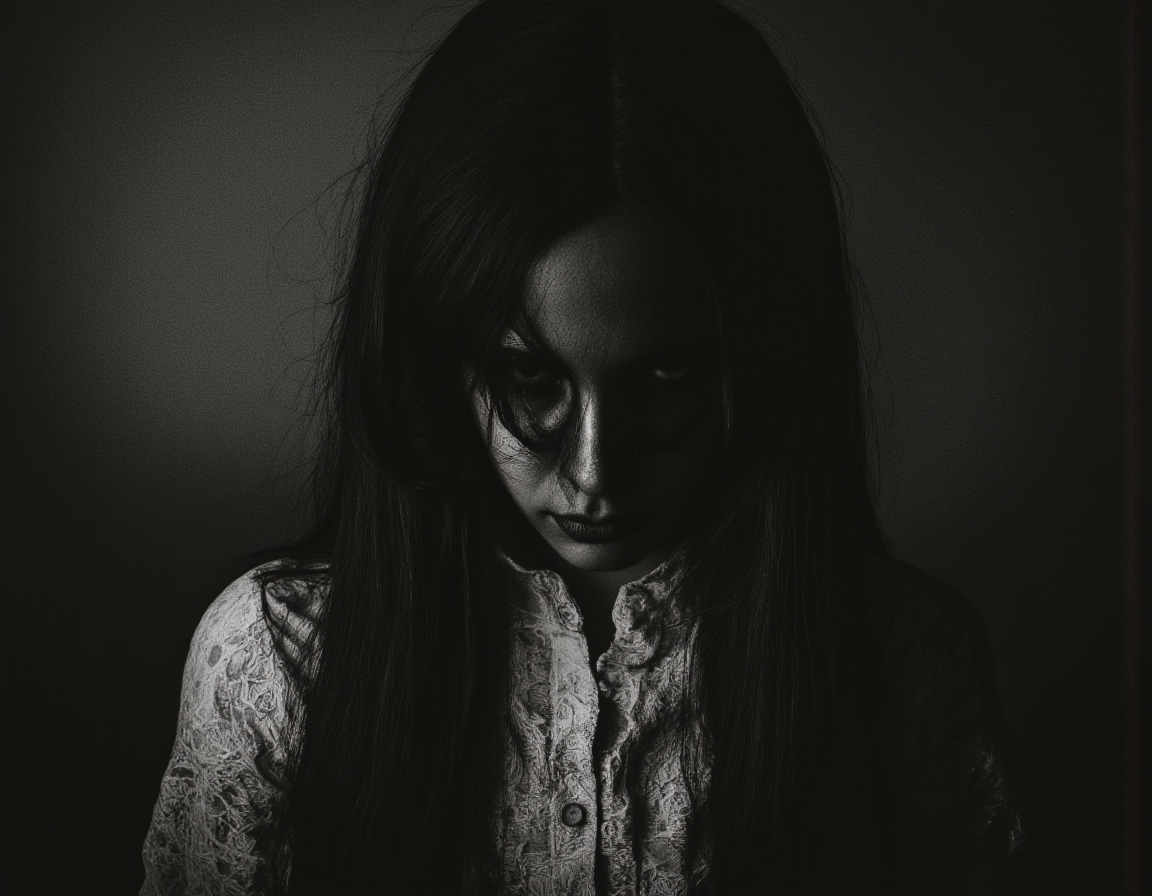 <lora:BWMonochrome:0.85> mono, Eerie black and white cartoon drawing, shadowy figure in a tattered Victorian dress, long dark hair obscuring her face, grayscale rendering with stark contrasts, haunting eyes barely visible, grainy texture, gothic horror style, dramatic chiaroscuro lighting. . 35mm photograph, film, bokeh, professional, 4k, highly detailed