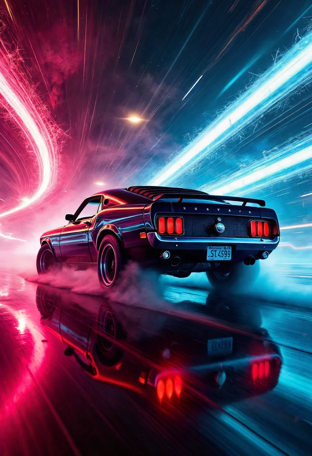 Create an backshot of a 1969 Ford Mustang Boss 429 drifting sideways through spirals of light with smoking wheels. The car's tinted windows reflect the vibrant colors of the surrounding environment, while the glowing ambiance captures the intensity of the moment. The scene should convey a sense of speed and dynamism, with the car's movement and the crackling spirals of light creating a sense of energy and tension.
<lora:Dever_Flux_Enhancer:0.5> <lora:Flux_spirals_of_light:1.0>