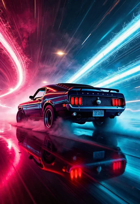 Create an backshot of a 1969 Ford Mustang Boss 429 drifting sideways through spirals of light with smoking wheels. The car's tinted windows reflect the vibrant colors of the surrounding environment, while the glowing ambiance captures the intensity of the moment. The scene should convey a sense of speed and dynamism, with the car's movement and the crackling spirals of light creating a sense of energy and tension.
<lora:Dever_Flux_Enhancer:0.5> <lora:Flux_spirals_of_light:1.0>